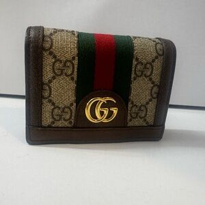 Gucci Beige GG Canvas Card Wallet with Green and Red Web and Gold Double G